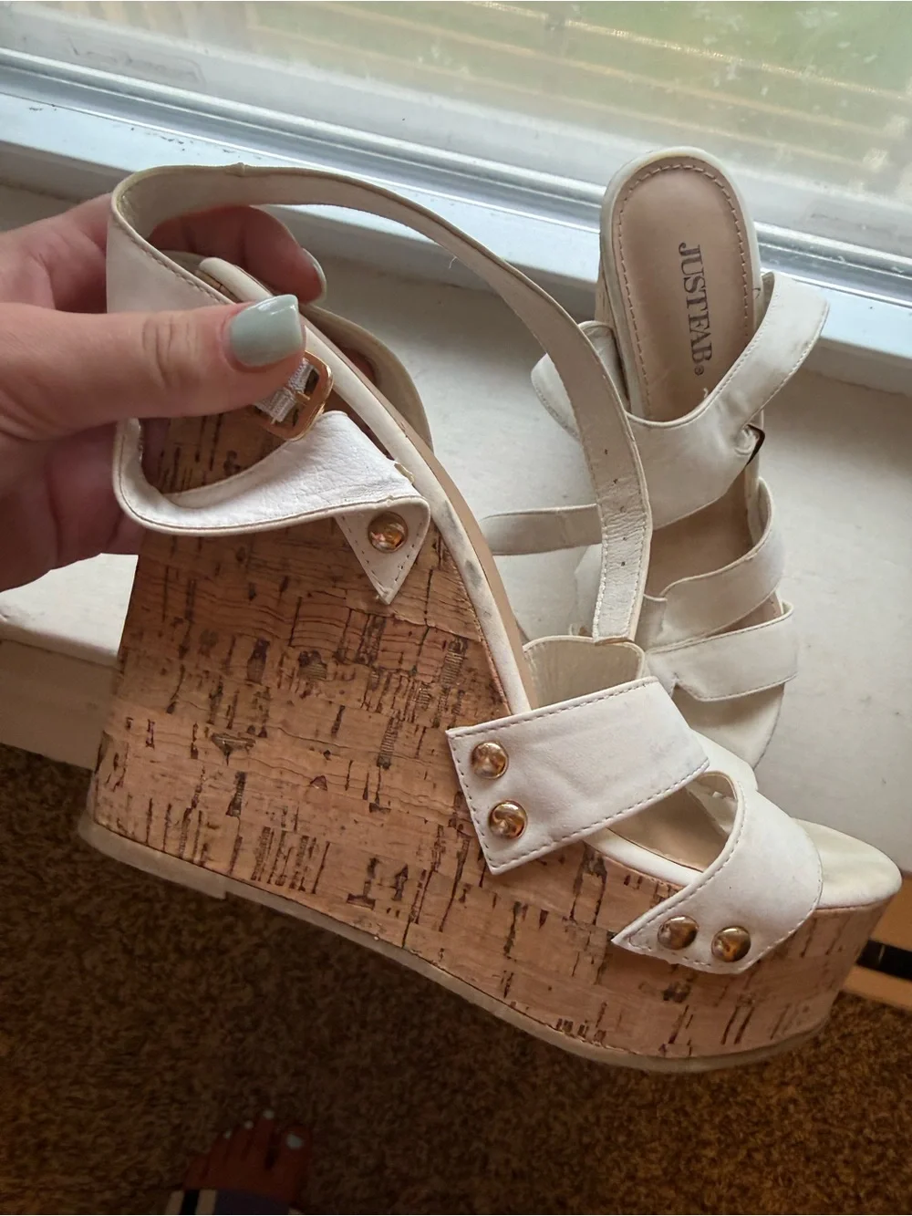 JustFab Cream Cork Wedge Sandals with Gold Accents